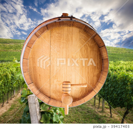 Wine barrel over vineyard 39417403