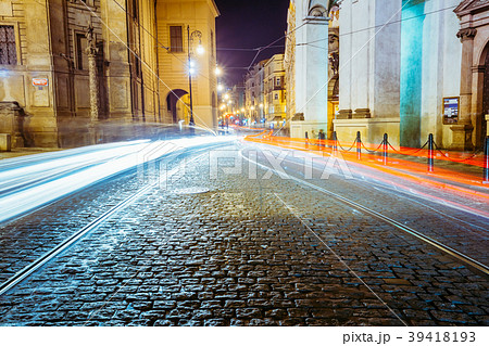 Night View of traffic lights in street in Prague Night View of traffic lights in street in Prague 39418193