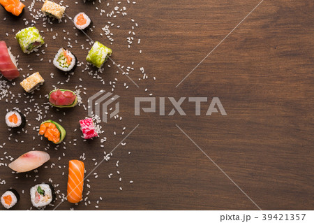 Set of sushi, maki, gunkans and rolls. Asian Set of sushi, maki, gunkans and rolls. Asian 39421357