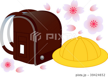 ランドセル 黒 桜吹雪 学帽のイラスト素材