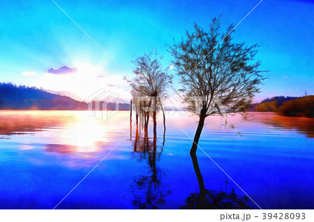 beautiful landscape with rising sun reflecting on 39428093