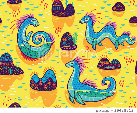Vector seamless pattern with cute Loch Ness 39428512