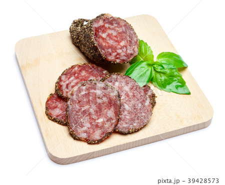 Dried organic salami sausage covered with pepper 39428573