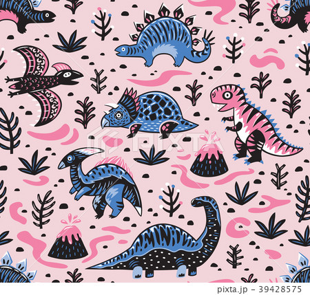 Cute cartoon dinosaurs seamless pattern in pink 39428575