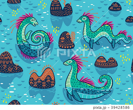 Vector seamless pattern with cute Loch Ness 39428586