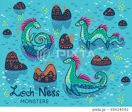 Cartoon Loch Ness Monsters and decorative hills in 39428592