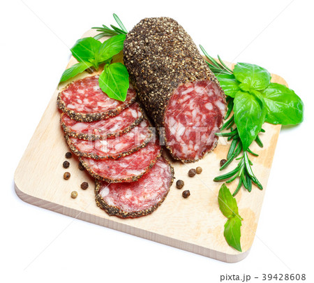 Dried organic salami sausage covered with pepper 39428608
