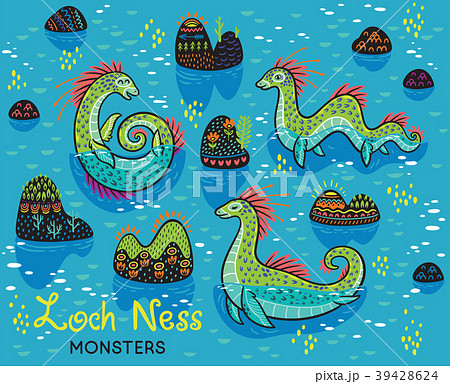 Cartoon Loch Ness Monsters and decorative hills in 39428624