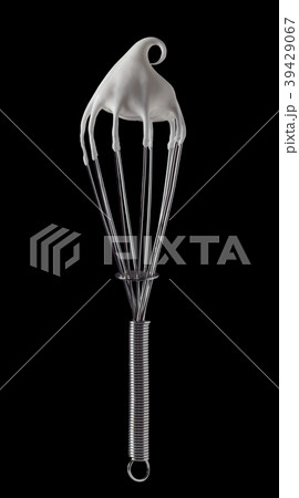 Whisk with meringue cream isolated on black 39429067