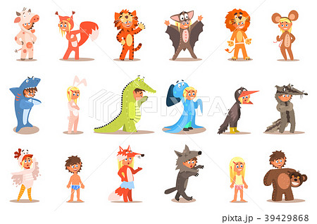 Flat vector set of kids in carnival costumes cow Flat vector set of kids in carnival costumes cow 39429868