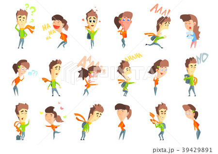 Flat vector set with cartoon boy and girl showing Flat vector set with cartoon boy and girl showing 39429891