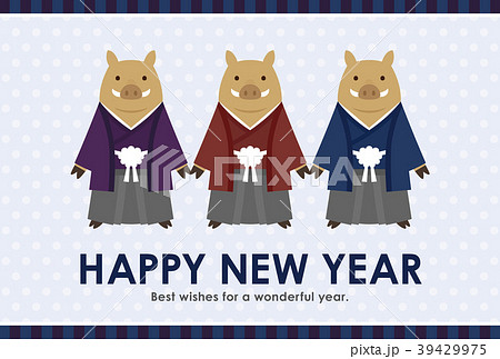 年賀状2019　羽織袴イノシシ 39429975