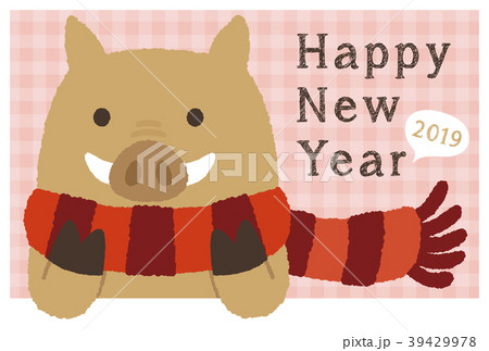 年賀状2019　マフラーを巻いたイノシシ 39429978
