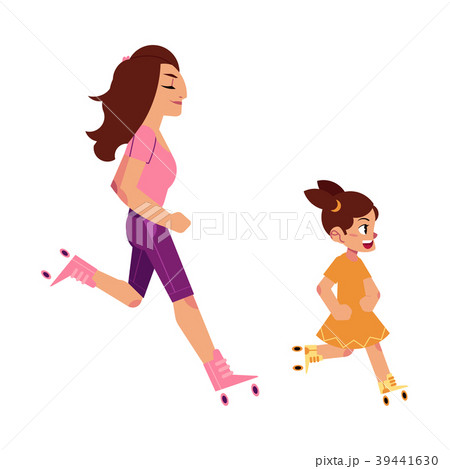 Vector flat girl kid, adult woman roller skating 39441630