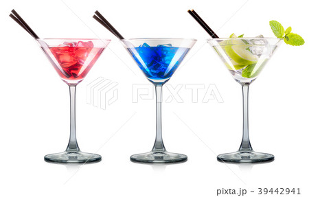 Set of cocktails in martini glass with black straw Set of cocktails in martini glass with black straw 39442941