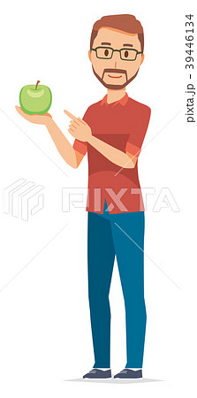 メガネをかけて髭を生やした男性が青リンゴを持っている メガネをかけて髭を生やした男性が青リンゴを持っている 39446134