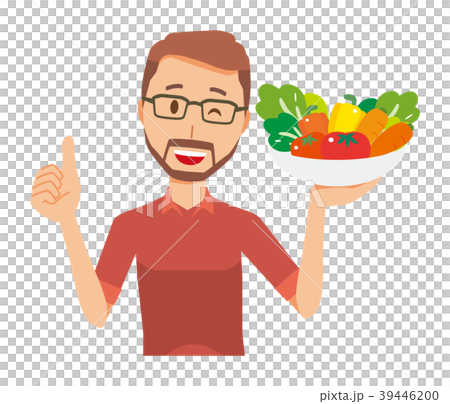メガネをかけて髭を生やした男性が野菜を持っている 39446200