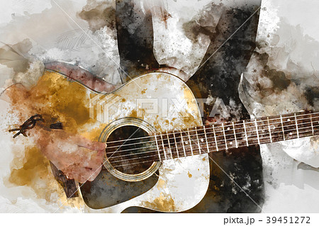 Women Playing Guitar On Watercolor Painting のイラスト素材