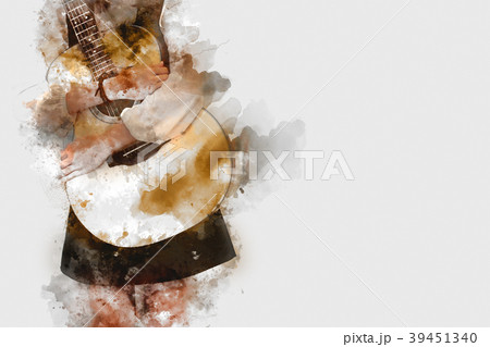 Playing Guitar on watercolor painting background. 39451340