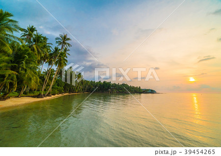 Beautiful paradise island with beach and sea around coconut palm tree 39454265