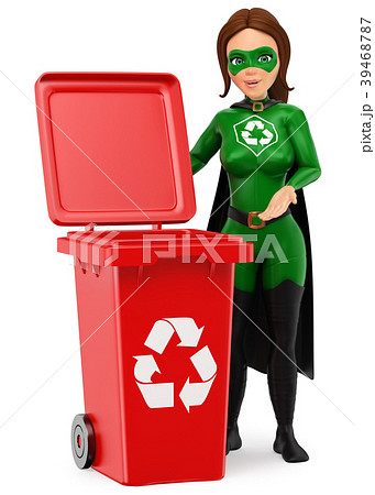 3D Woman superhero of recycling with a red bin 39468787