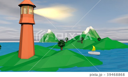 Lowpoly Landscape with Brown Tower and Islet Lowpoly Landscape with Brown Tower and Islet 39468868