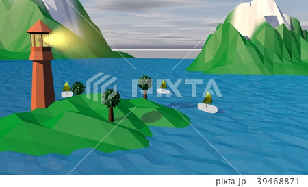 Lowpoly Landscape with Islands, Tower, Boats Lowpoly Landscape with Islands, Tower, Boats 39468871