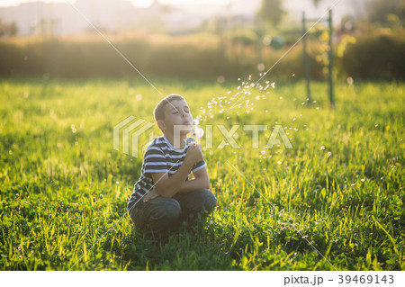 Little boy in a striped T-shirt blowing a Little boy in a striped T-shirt blowing a 39469143