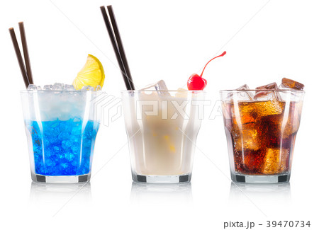 Set of cocktails with cherry and black straw Set of cocktails with cherry and black straw 39470734