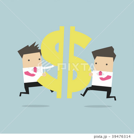 Businessmen pushing a pieces of dollar sign. 39476314
