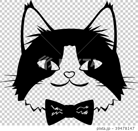 蝶ネクタイをした猫の顔 モノクロのイラスト素材