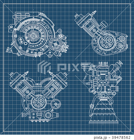 Set of drawings of engines - motor vehicle Set of drawings of engines - motor vehicle 39478562
