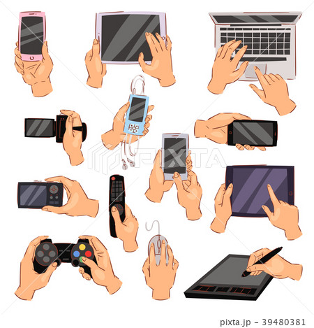 Hands with gadgets vector hand holding phone or 39480381