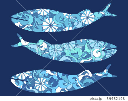Whale with marine pattern. Background with waves 39482198