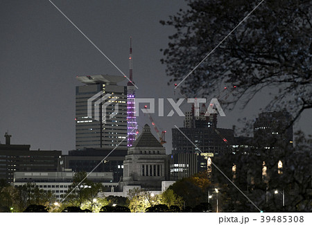 日本の東京都市景観　国会議事堂や東京タワー（赤紫）などを望む（夜景） 39485308