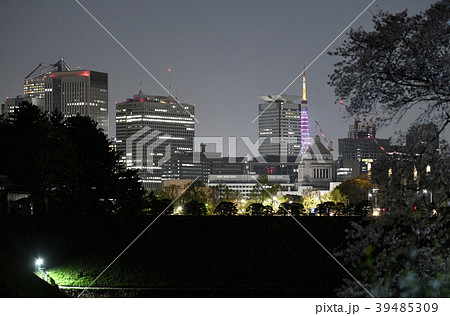 日本の東京都市景観　国会議事堂や東京タワー（赤紫）などを望む（夜景） 39485309