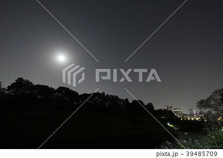 日本の東京都市景観　満月と国会議事堂や東京タワー（赤紫）などを望む（夜景） 39485709