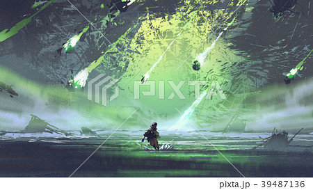 man running from falling meteorites 39487136