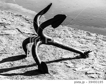 Old metal anchor on the land. Black and white Old metal anchor on the land. Black and white 39493195
