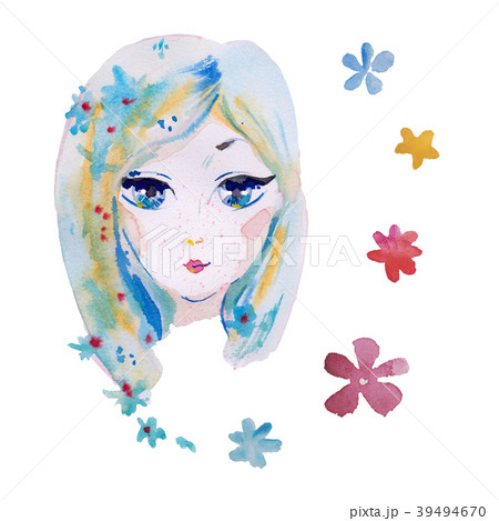 Cute watercolor hand painted girl with big eyes 39494670