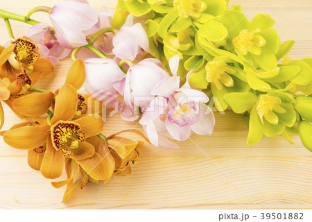 木のテーブルの上の3種のデンドロビウムの花 39501882