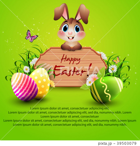 Cute Easter bunny with a wooden sign and colorful  39503079