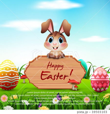 Cute Easter bunny with a wooden sign and colorful  39503103
