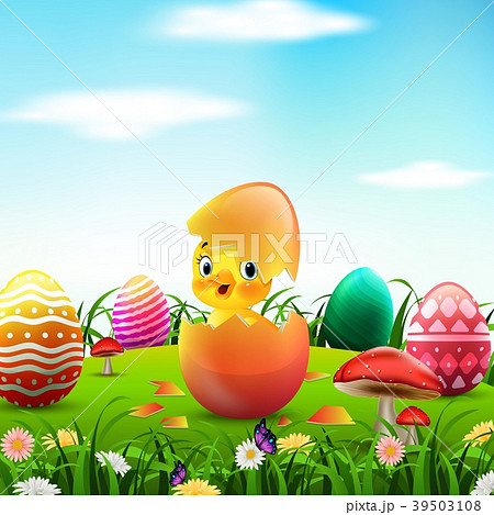 Cute Easter duckling in the broken Easter egg Cute Easter duckling in the broken Easter egg 39503108