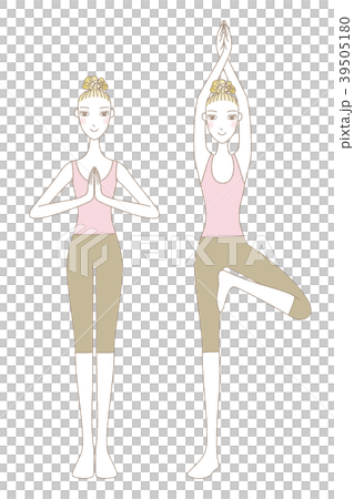 Young woman doing yoga mountain pose and standing tree pose 39505180