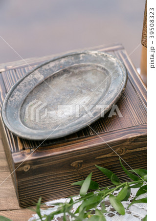 Old vintage plate or tray. Wooden vintage Dresser Old vintage plate or tray. Wooden vintage Dresser 39508323