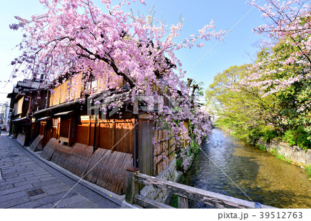 京都 祇園春風景 祇園巽橋 祇園白川 日本の風景 京都イメージ 祇園イメージの写真素材