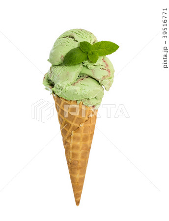 Mint raspberry ice cream with mint in waffle cone Mint raspberry ice cream with mint in waffle cone 39516771