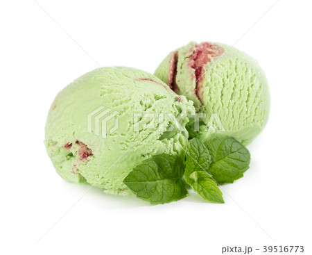 Two balls of mint raspberry ice cream with mint Two balls of mint raspberry ice cream with mint 39516773
