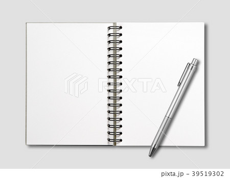 Blank open spiral notebook and pen isolated 39519302